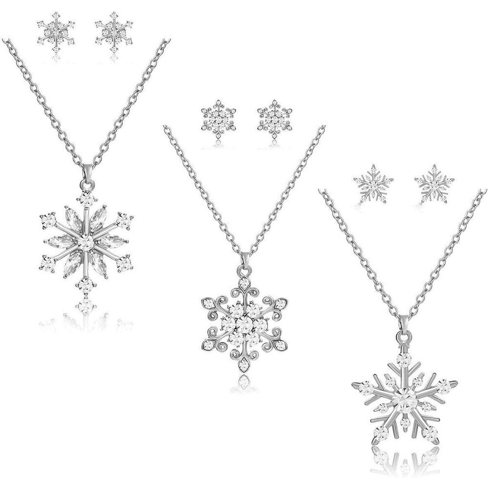 Snowflake Pendant Necklace Stud Earrings Set Rhinestone Crystal Christmas Neckla